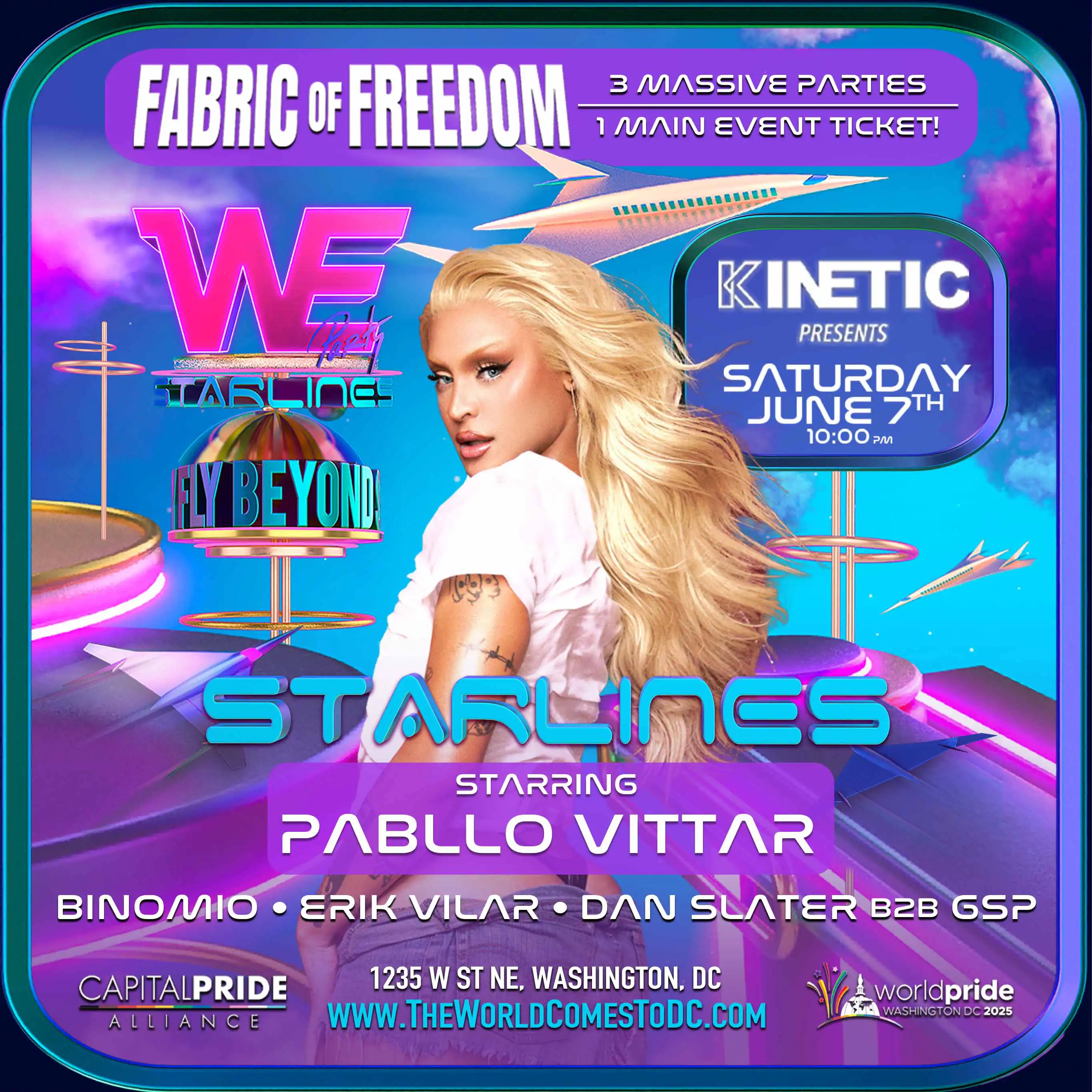 Event flyer with Three male figures wearing the rainbow flag